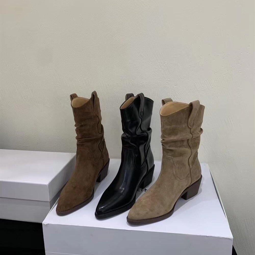 显瘦尖头褶皱短靴女春秋单靴西部图片