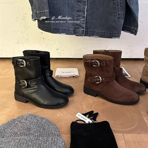 THEMANDAGO芒大果复古皮带扣机车短靴女真皮马丁靴粗跟百搭骑士靴