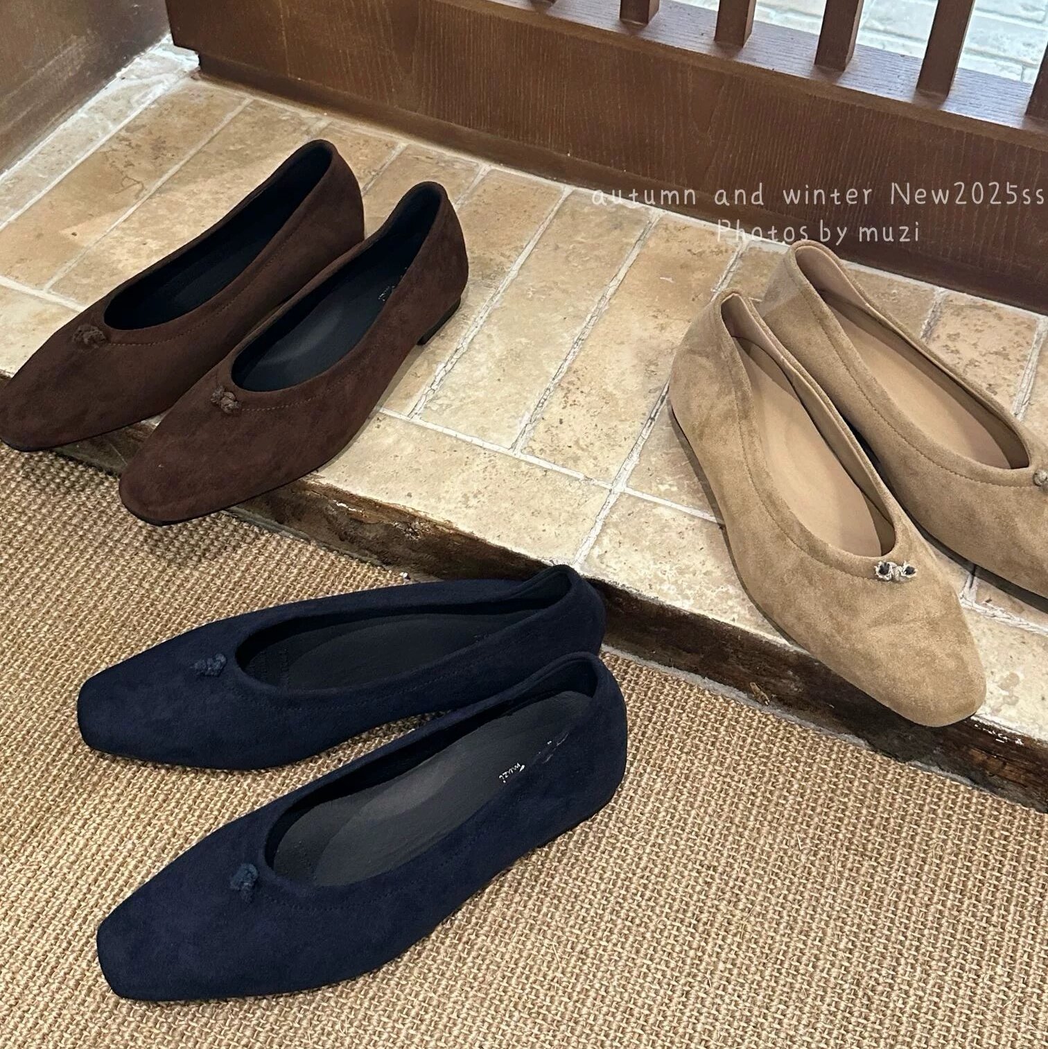 2025春季新款金属扣绒面纯色百搭尖头平底单鞋浅口平跟软底女鞋子