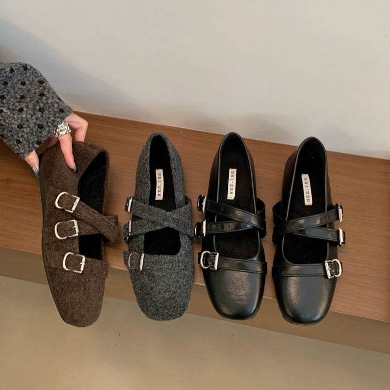 UNIDSN 设计感小众方头交叉扣带加绒玛丽珍鞋法式内增高芭蕾舞鞋