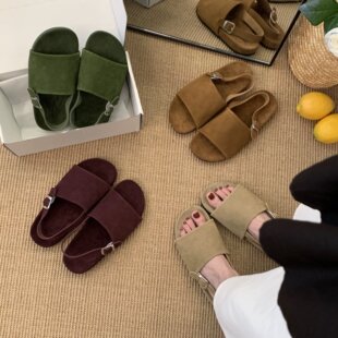 MUMIXI复古row风真皮露趾后绊带凉鞋女鞋夏老钱风厚底勃肯凉拖鞋