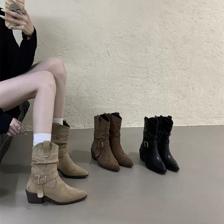 ALILOVER短靴女春秋单靴女马丁靴绒面西部靴复古粗跟瘦瘦靴女