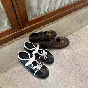 MUZI韩系休闲运动芭蕾舞鞋 复古百搭拼色圆头蝴蝶结魔术贴玛丽珍鞋