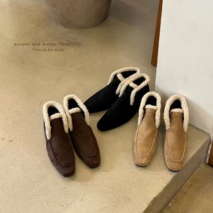 MUZI 通勤一脚蹬短筒靴 韩系方头复古内增高保暖加绒雪地靴女时尚