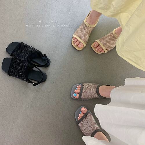 MUSI BY MLC 休闲风网纱镂空一字拖女夏季外穿透气方头平底凉拖鞋