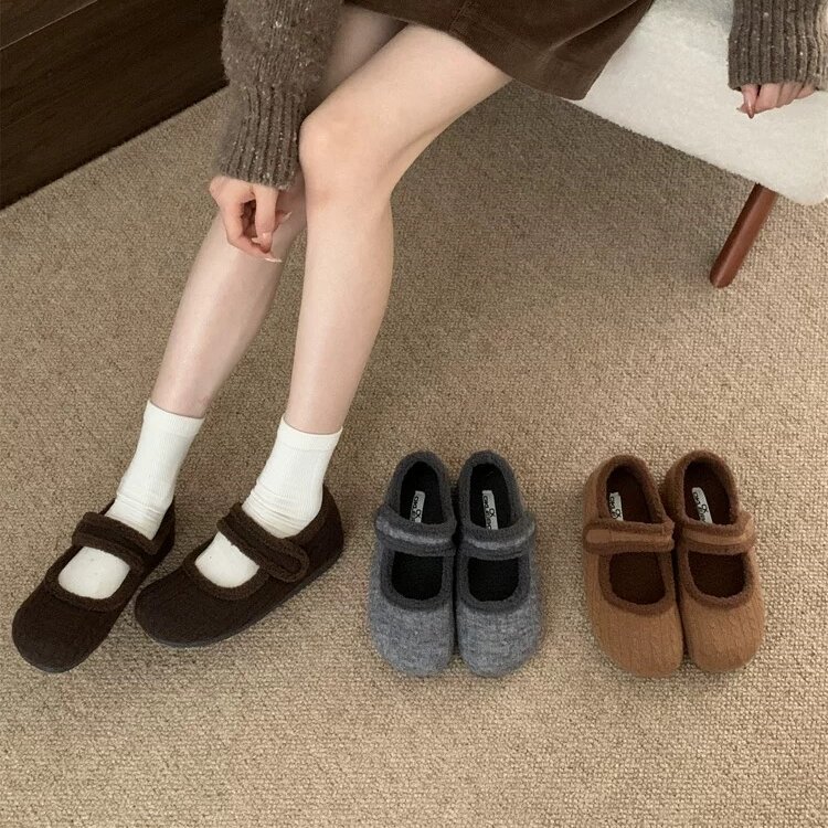 冬季新款森系圆头毛呢玛丽珍女厚底内增高摩术贴勃肯鞋学院风棉鞋