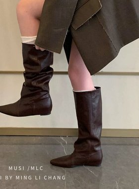 MUSI韩版尖头褶皱堆堆高筒靴女2025秋冬新款内增高显瘦不过膝长靴