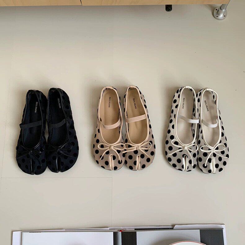 BEILIXUAN法式甜美波点分趾蝴蝶结芭蕾舞鞋网纱透气软底猪蹄单鞋