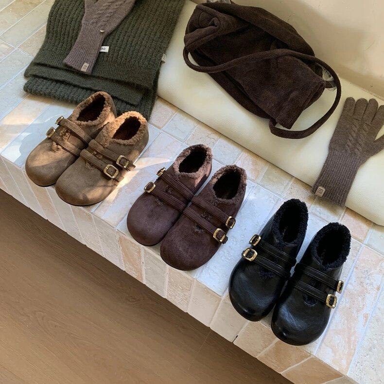 Vela复古圆头双扣带加绒玛丽珍鞋毛毛鞋2025新款软底保暖勃肯鞋女