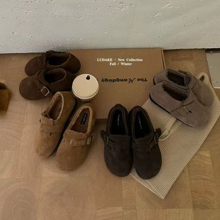 LUDAKE鹿大可 不累脚软底加绒勃肯鞋秋冬真皮休闲一脚蹬豆豆棉鞋