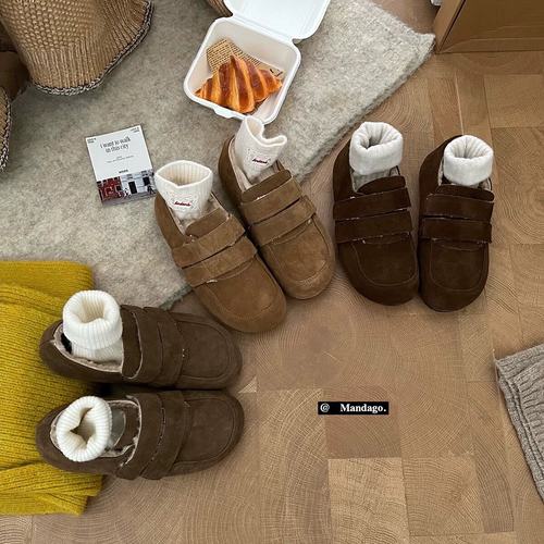 THEMANDAGO芒大果韩系真皮大头魔术贴面包勃肯鞋一脚蹬加绒毛毛鞋