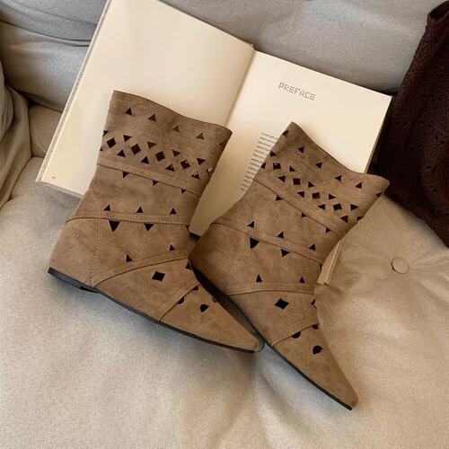 MIJILI SHOES 波西米亚风镂空时装靴女夏季透气尖头低跟百搭短靴