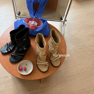 TLE MIKELIN 法式铆钉露趾罗马凉靴女2026新款气质坡跟短筒时装靴