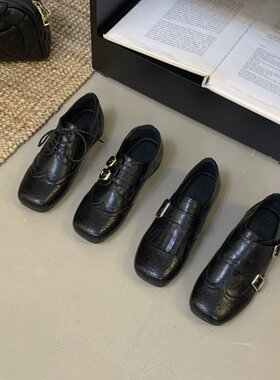 VELA 方头皮带扣乐福鞋内增高单鞋女英伦风复古雕花布洛克小皮鞋