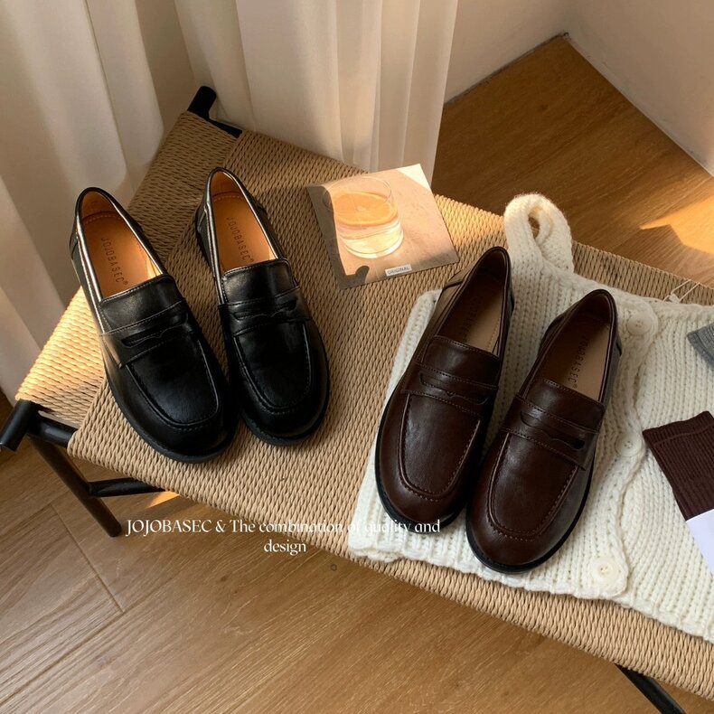 JOJOBASEC 韩系复古乐福鞋女春秋季单鞋一脚蹬通勤百搭圆头小皮鞋