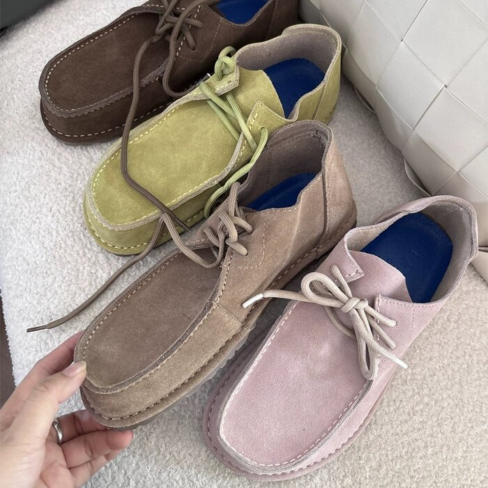 Lamode牛皮版~复古圆头系带休闲乐福鞋袋鼠鞋软底舒适豆豆单鞋女