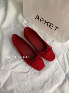 MUSI法式气质绒面方头蝴蝶结平底单鞋2024春秋新款内增高玛丽珍鞋