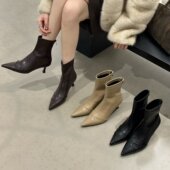 细跟时装 智性恋人 温柔奶茶杏尖头高跟短靴女韩版 靴