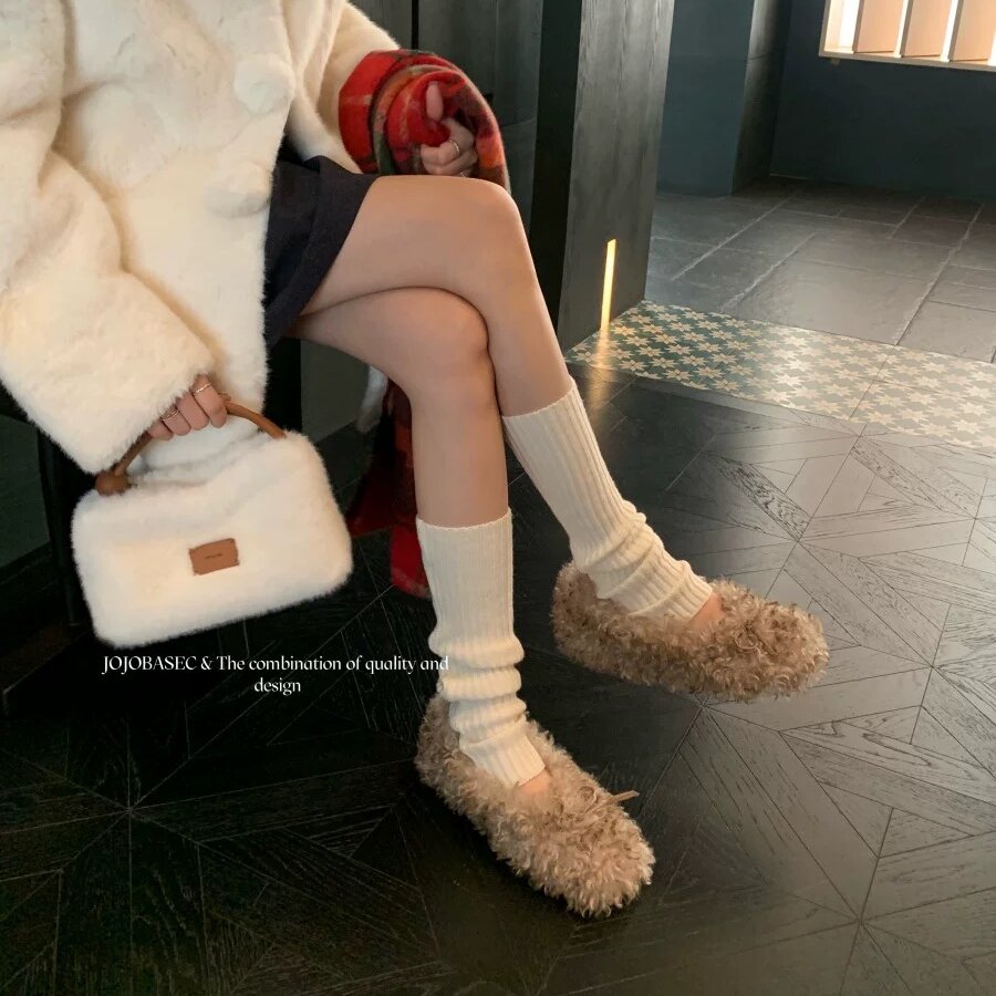 JOJOBASEC羊毛方头蝴蝶结玛丽珍鞋女2025冬新款加绒保暖单鞋