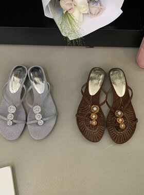 fant see 2026夏季新款波西米亚风水钻装饰夹趾凉鞋女低跟凉拖鞋