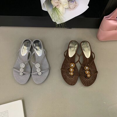 fant see 2026夏季新款波西米亚风水钻装饰夹趾凉鞋女低跟凉拖鞋