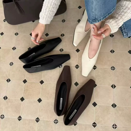 Lamode高级感极简风小方头浅V口显瘦平底单鞋气质百搭通勤奶奶鞋