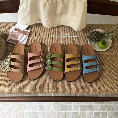 LUDAKE鹿大可舒适百搭皮带扣厚底真皮勃肯拖鞋一字拖鞋