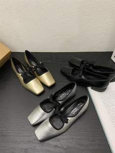 温柔法式 女 甜美方头蝴蝶结拼色小香风银色芭蕾鞋 玛丽珍平底单鞋