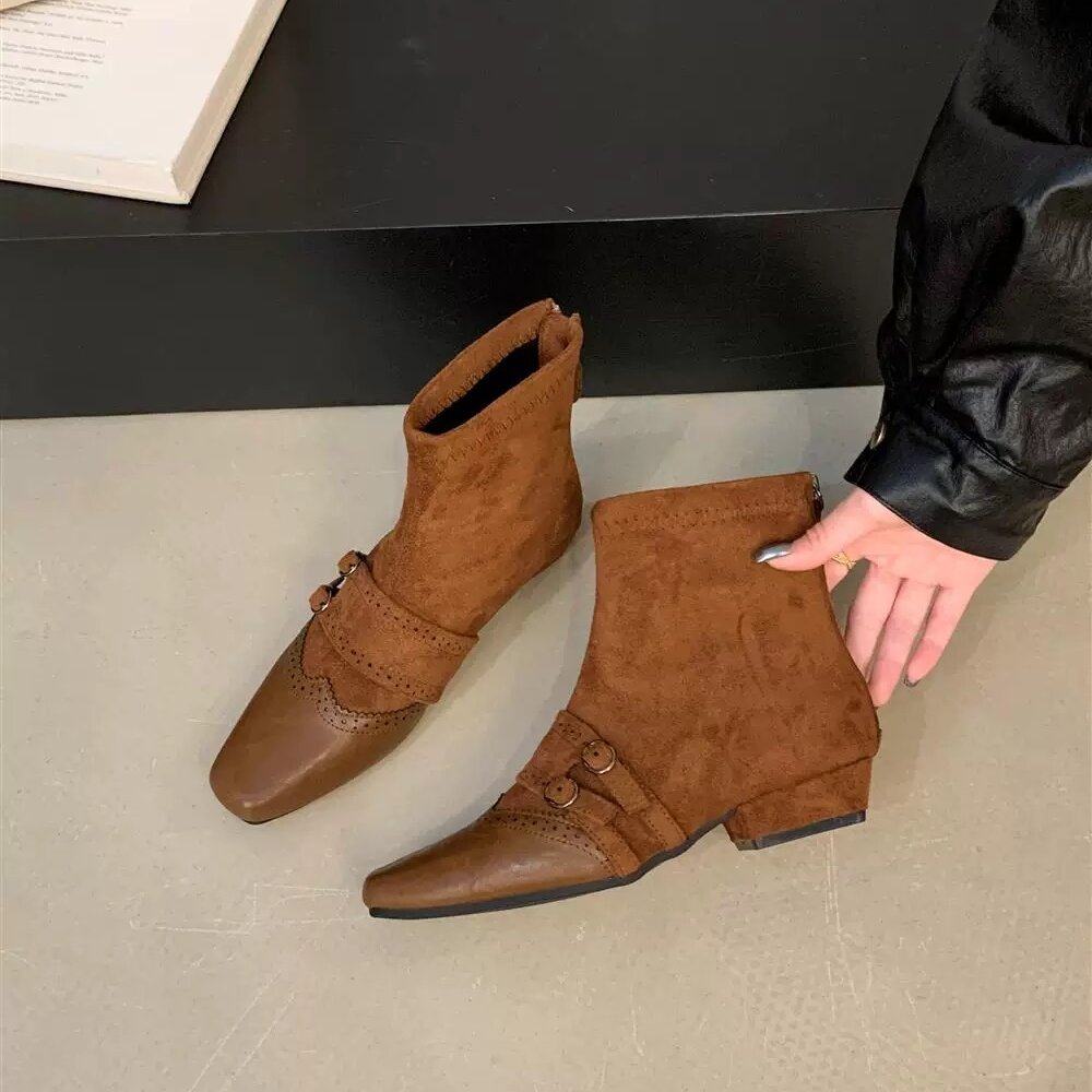 UNIDSN复古拼接方头绒面布洛克短靴女后拉链皮带扣粗跟加绒瘦瘦靴