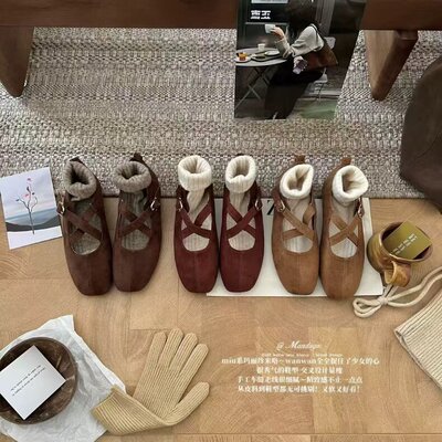 THEMANDAGO芒大果 系交叉显瘦玛丽珍鞋复古百搭绒面平底单鞋女