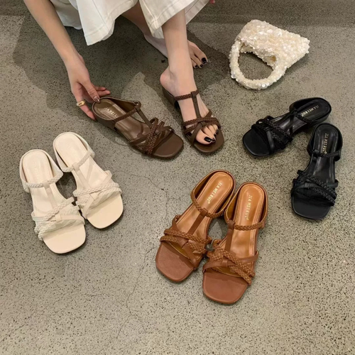 JIA MEI RUI 温柔风编织一字拖女夏外穿百搭方头内增高防滑凉拖鞋