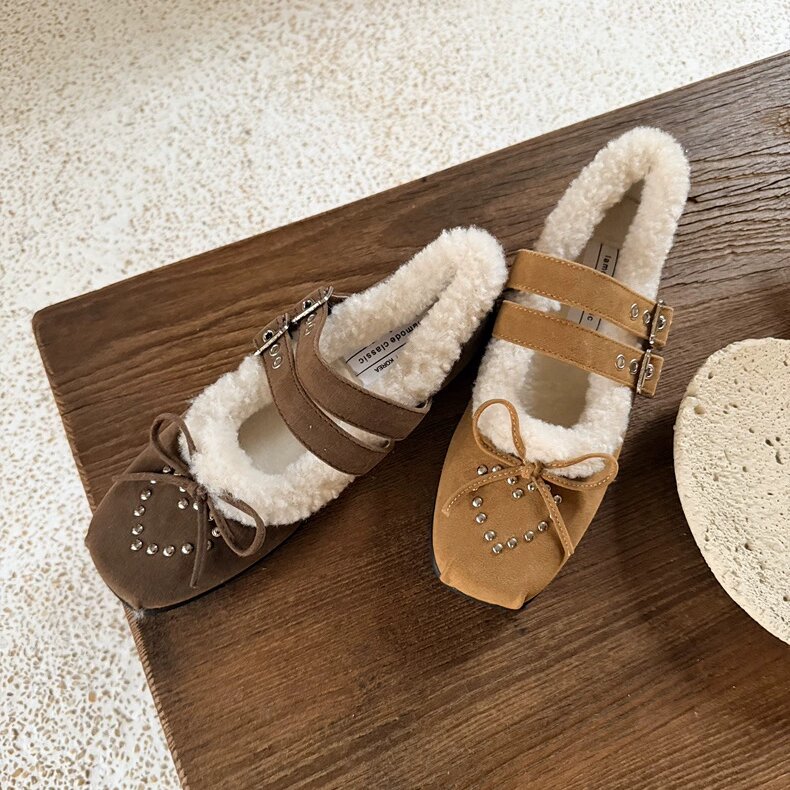 Lamode 复古真皮麂皮方头柳钉蝴蝶结芭蕾舞鞋加绒厚底玛丽珍鞋女