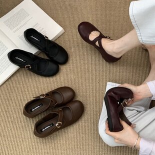 内增高4cm圆头交叉带平底芭蕾单鞋 女2025新款 小个子超软玛丽珍鞋