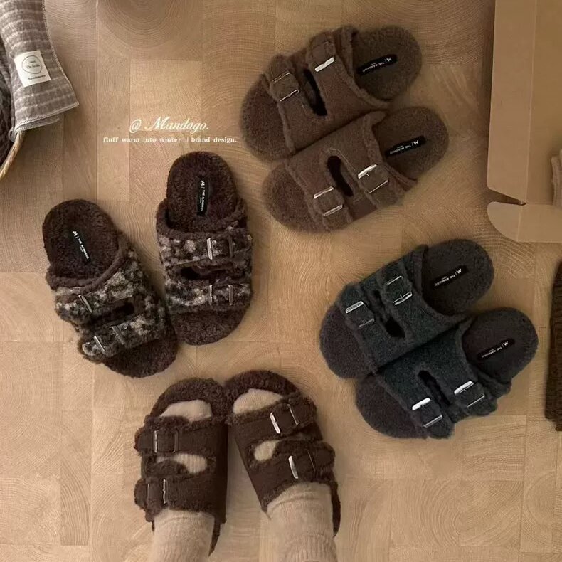 THEMANDAGO芒大果 复古时髦懒人双扣带羊羔毛拖鞋厚底勃肯毛毛鞋