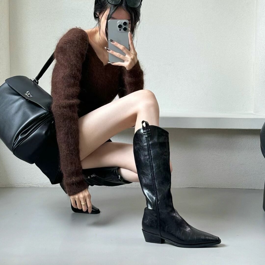 设计显瘦不过膝V口西部牛仔靴