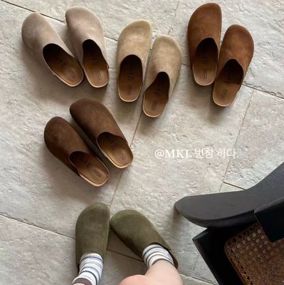 TLEMIKELIN 极简复古包头勃肯拖鞋女外穿秋冬休闲真皮懒人半拖鞋