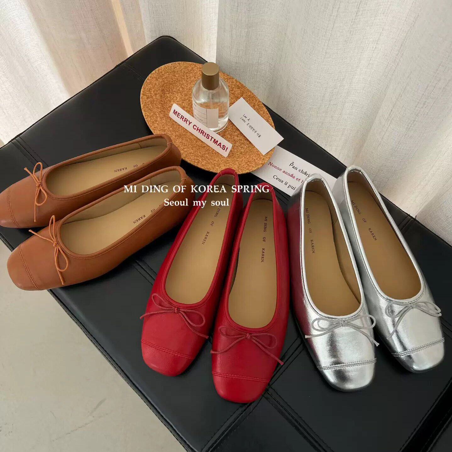 MIDING米町小香风圆头蝴蝶结平底芭蕾单鞋舒适百搭内增高玛丽珍鞋