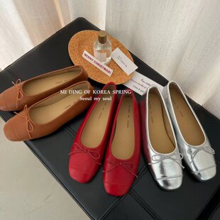 MIDING米町小香风圆头蝴蝶结平底芭蕾单鞋舒适百搭内增高玛丽珍鞋