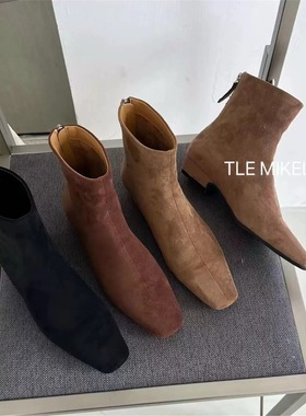 TLE MIKELIN新款法式方头瘦瘦靴短靴女鞋子绒面法式百搭小裸靴子