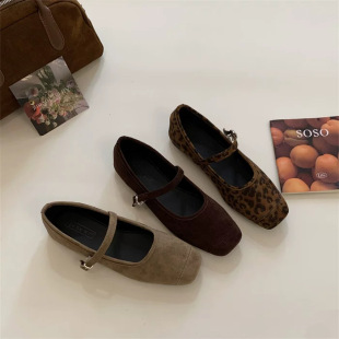 复古绒面平底通勤单鞋 法式 2025新款 BUGUWU豹纹方头一字带玛丽珍鞋