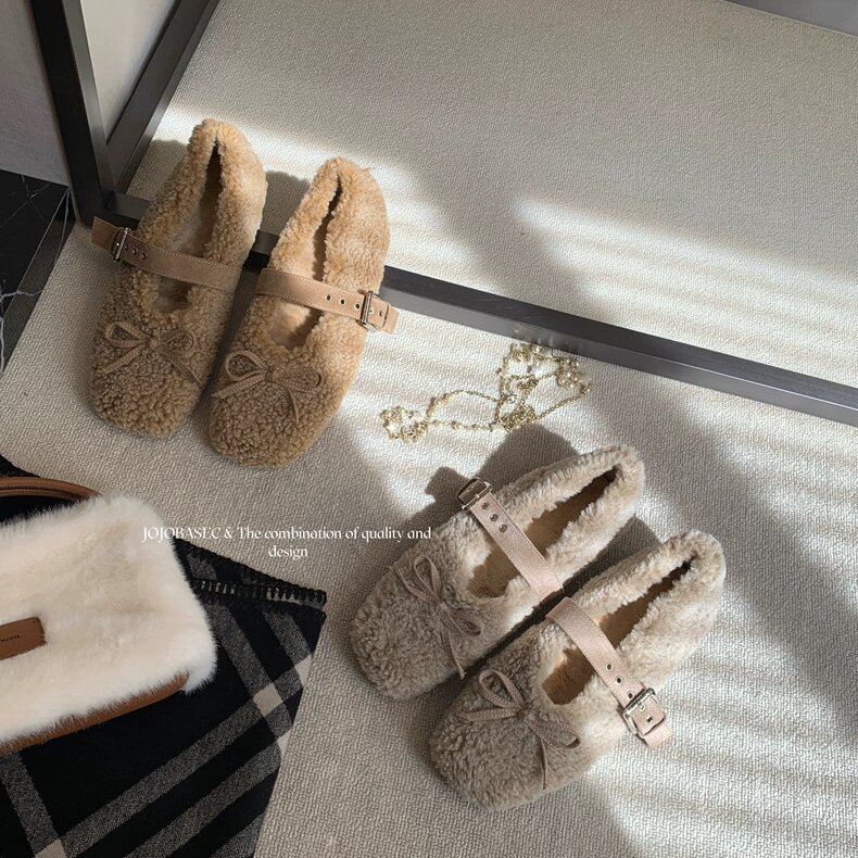 JOJOBASEC蝴蝶结方头加绒保暖毛毛玛丽珍鞋女内增高毛绒单鞋