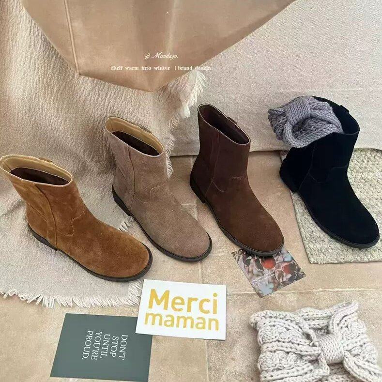 THEMANDAGO芒大果 韩国真皮圆头粗跟短靴秋冬新款显瘦西部牛仔靴