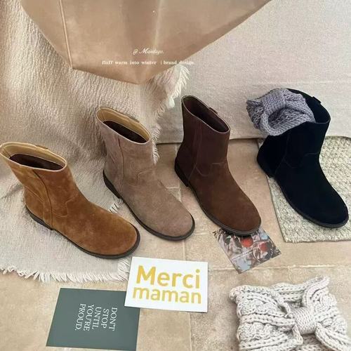 THEMANDAGO芒大果 韩国真皮圆头粗跟短靴秋冬新款显瘦西部牛仔靴