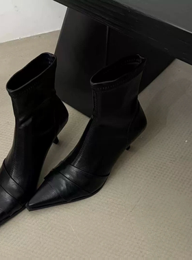 TLE MIKELIN 韩版尖头短靴女高跟黑色皮带扣瘦瘦靴百搭气质时装靴