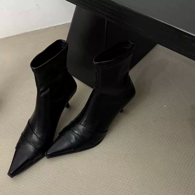 TLE MIKELIN 韩版尖头短靴女高跟黑色皮带扣瘦瘦靴百搭气质时装靴