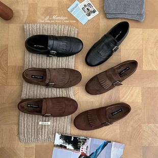 流苏皮带扣单鞋 THEMANDAGO芒大果 复古加绒布洛克圆头深口小皮鞋