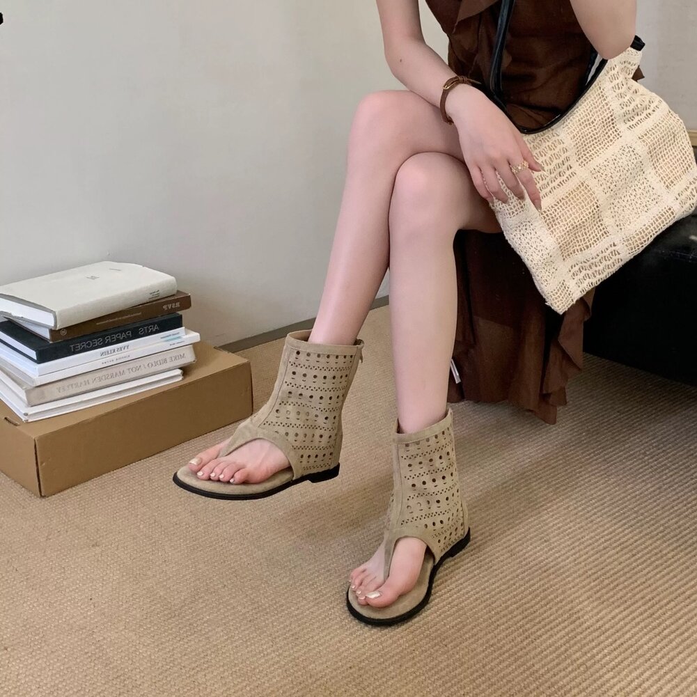MIJILI舒适版~夹趾凉鞋女夏韩版镂空透气凉靴露趾内增高罗马短靴