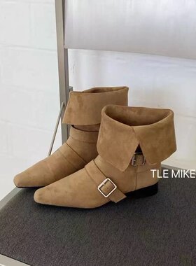 TLEMIKELIN 复古又时髦～小方头翻折皮带扣短筒骑士靴绒面西部靴