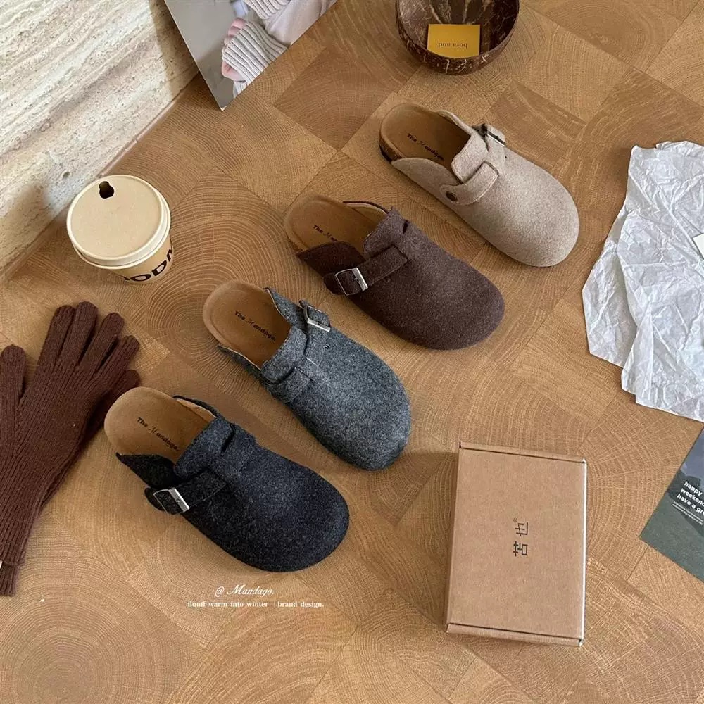 THEMANDAGO芒大果 毛呢包头半拖女外穿懒人一脚蹬软木厚底勃肯鞋