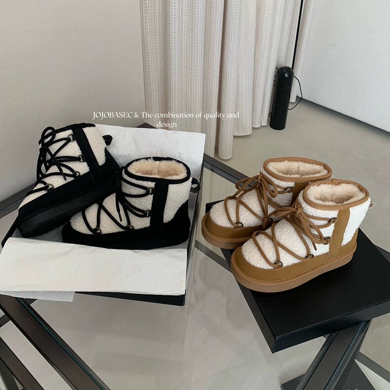 JOJOBASEC拼色绑带厚底短筒雪地靴女2025加绒保暖冬季毛绒靴